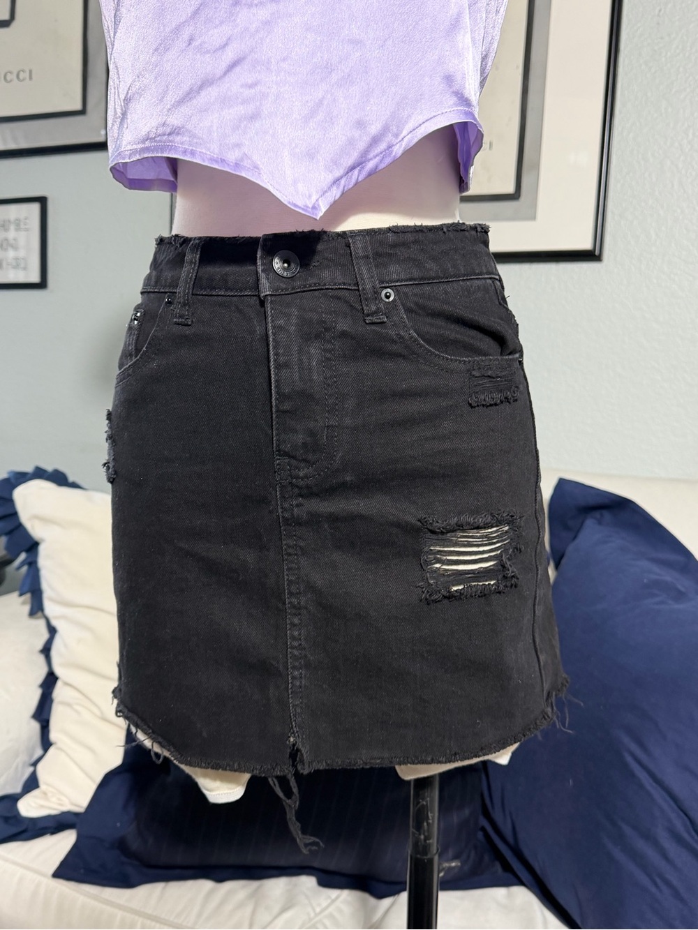 Black Distressed Denim Mini Skirt - Women 25/1
